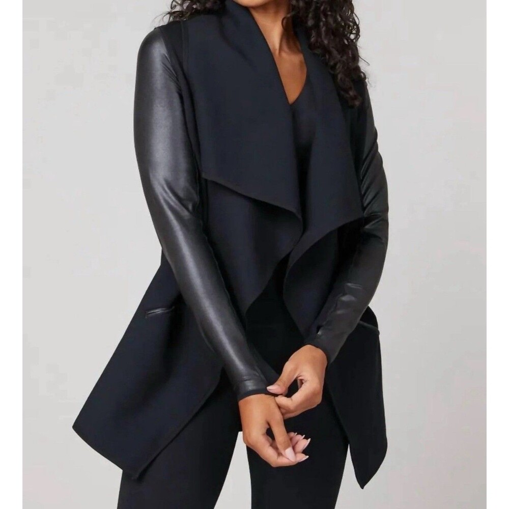 SPANX Drape Front Jacket Black Plus size 3X Stretch Faux Leather Accents